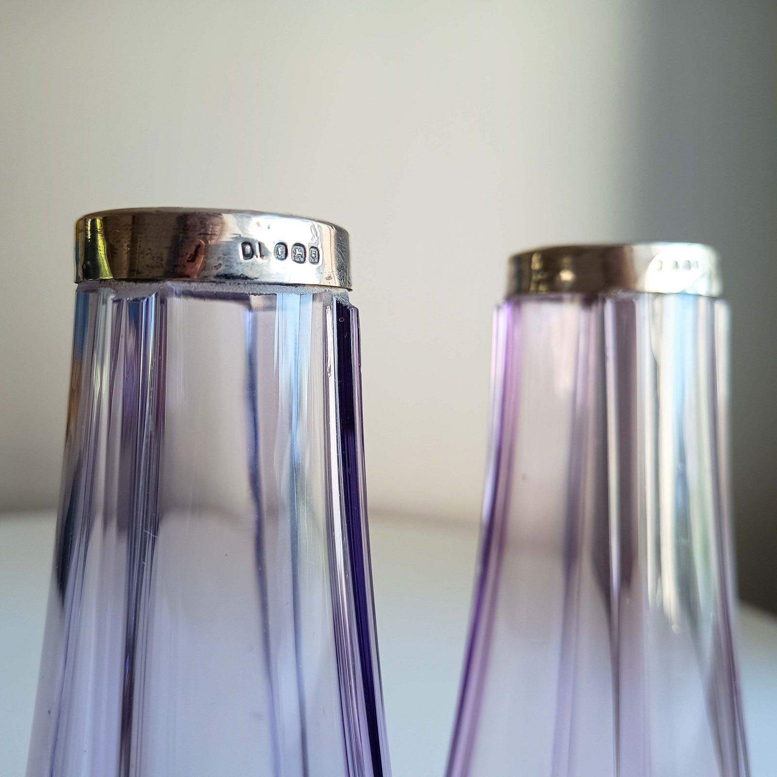 Antique Pair Of Bohemia Export Amethyst Purple Glass Vases, London Hallmarked To David Loebl, Schindler, Sterling Silver Collars 1920s photo Home Decor