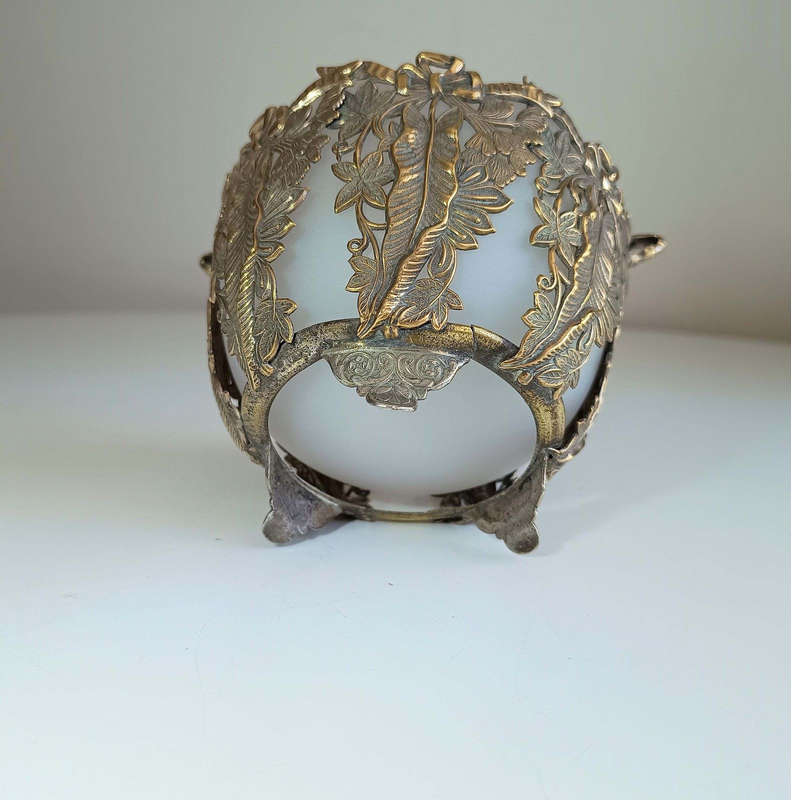 Vintage Aesthetic French Or English Repousse Metal Biscuits Basket With Frosted White Opaline Glass Bowl photo buy