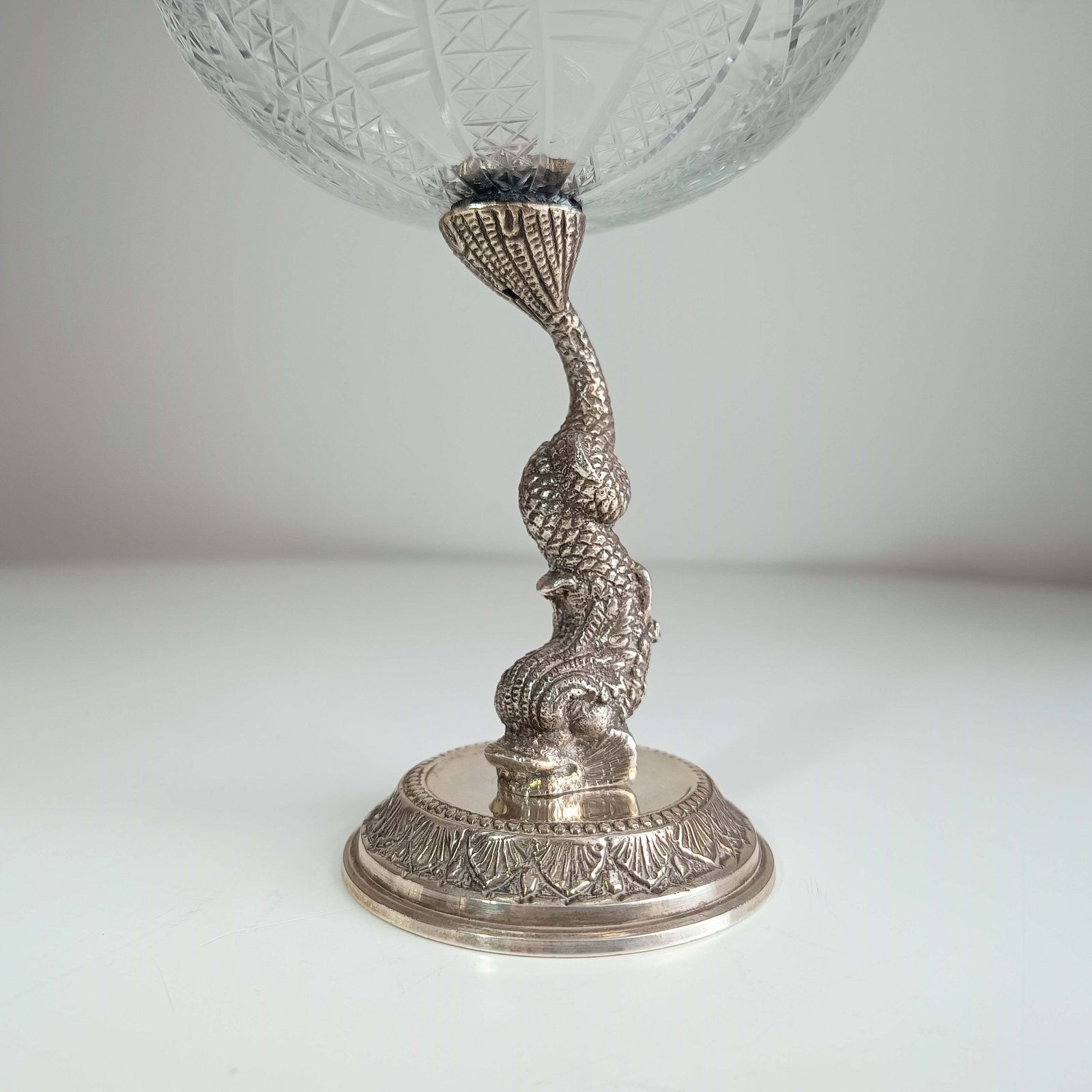 Antique French Biscuit Bowl With Cast Figural Dolphin Stand – Silver Plate & Cut Glass, 10.25" Tall photo Home Decor