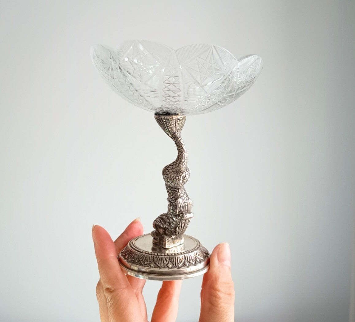 Antique French Biscuit Bowl With Cast Figural Dolphin Stand – Silver Plate & Cut Glass, 10.25" Tall photo buy