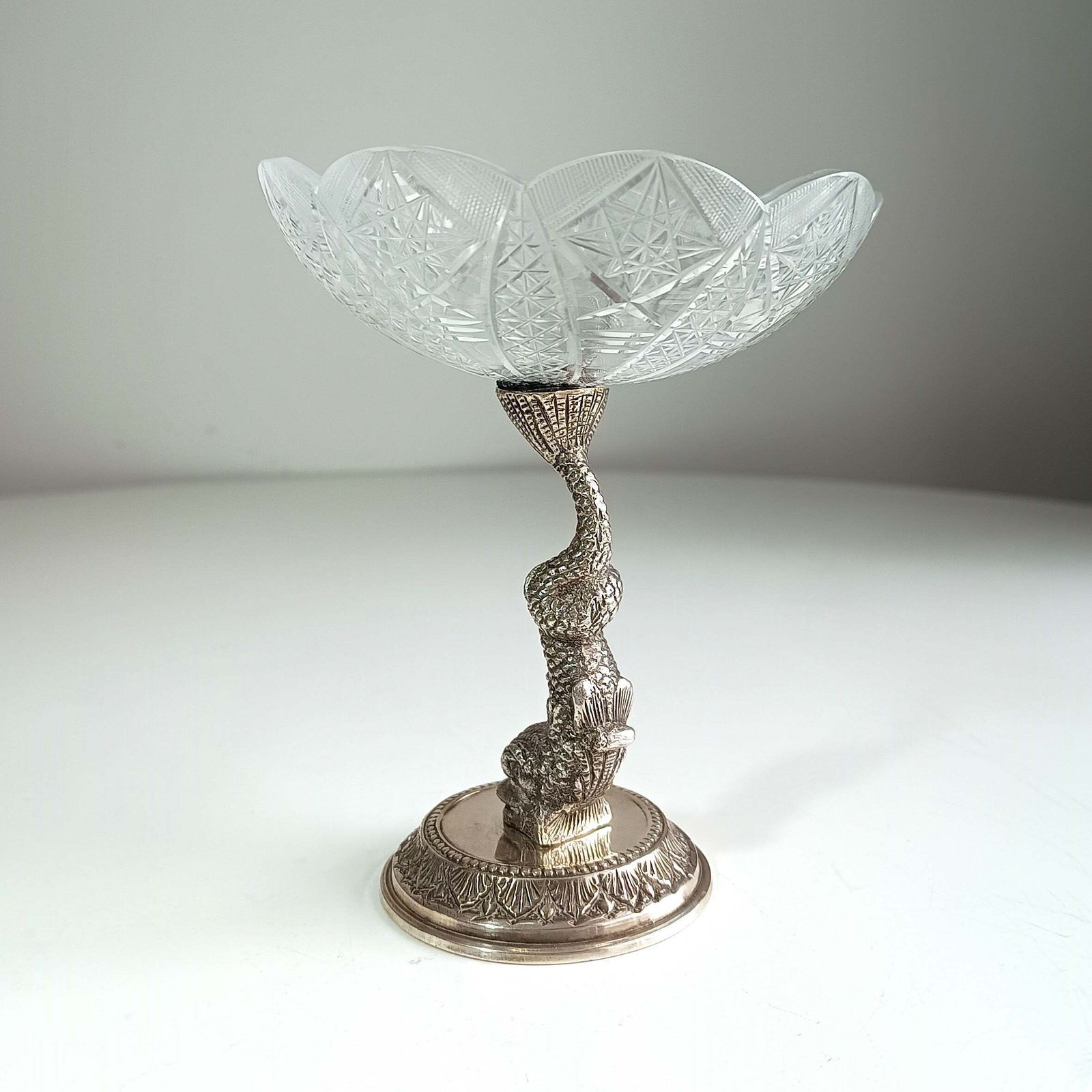 125.0 Antique French Biscuit Bowl With Cast Figural Dolphin Stand – Silver Plate & Cut Glass, 10.25" Tall photo