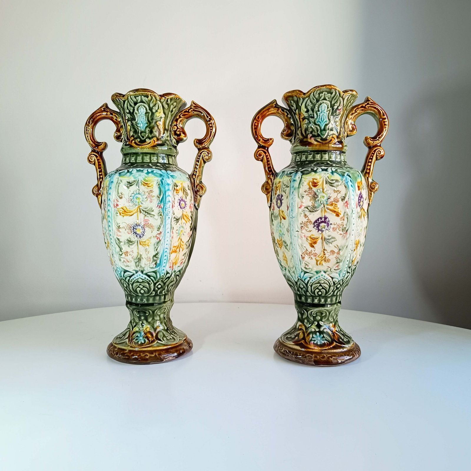 Art Nouveau Majolica Twin Handled Vases – Edwardian Staffordshire, Pair photo furniture