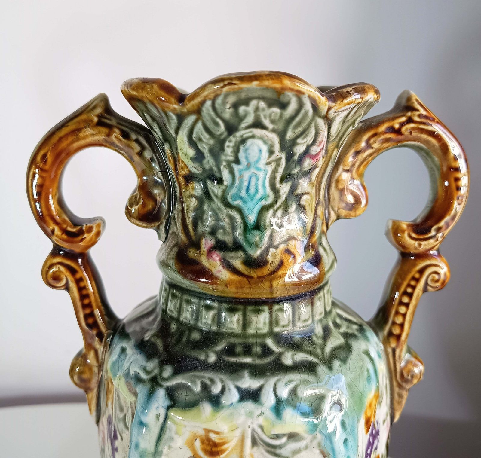 Art Nouveau Majolica Twin Handled Vases – Edwardian Staffordshire, Pair photo buy