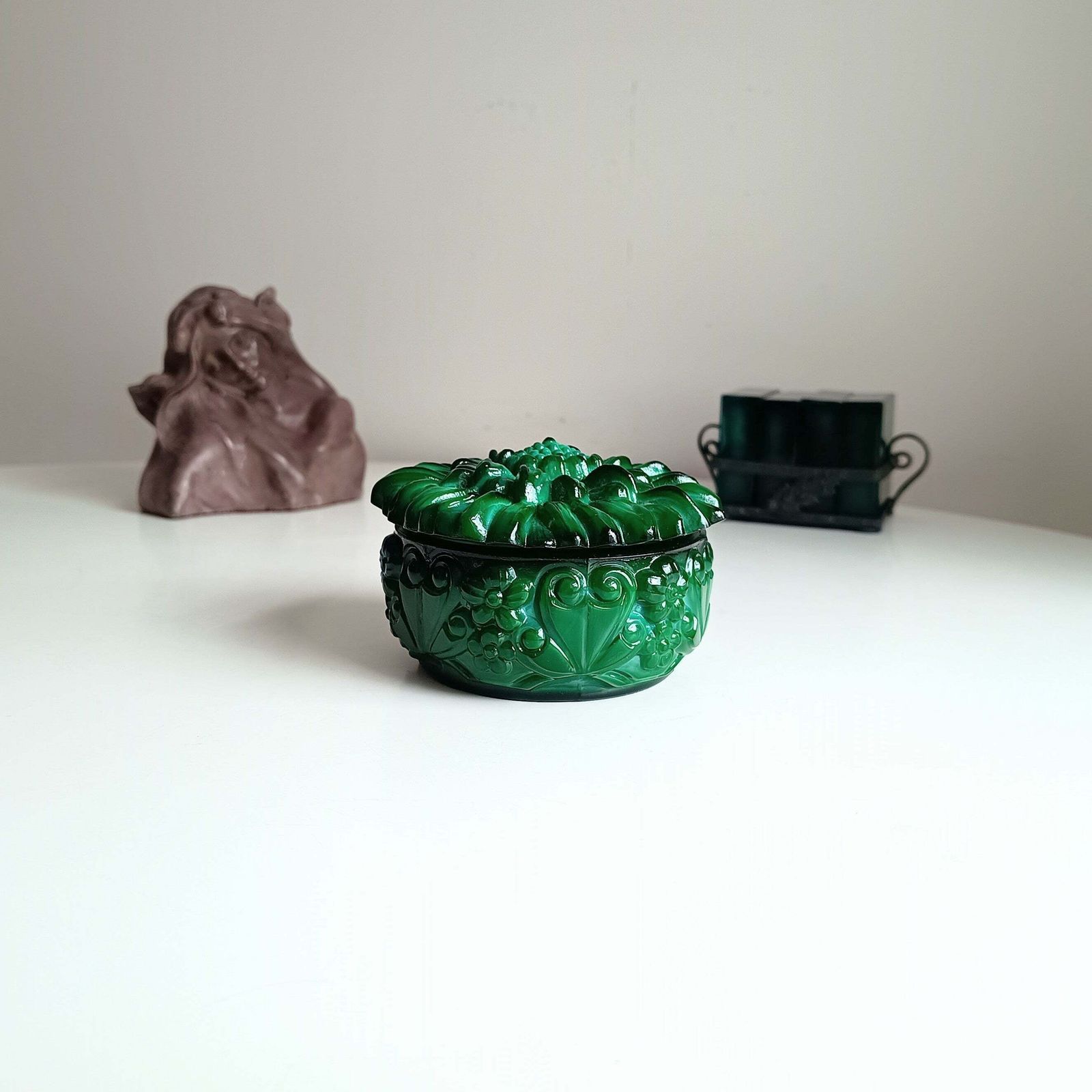Art Deco Bohemian Art Glass Malachite Glass Lidded Jewellery Watch Box, Carl Schlevogt And Hoffner Design photo Home Decor