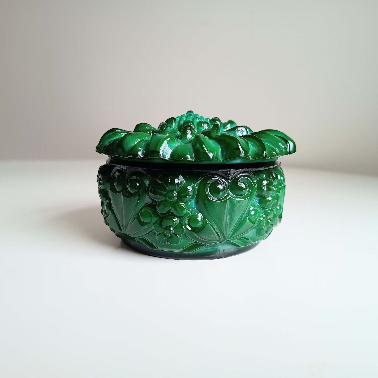photo for sale Art Deco Bohemian Art Glass Malachite Glass Lidded Jewellery Watch Box, Carl Schlevogt And Hoffner Design