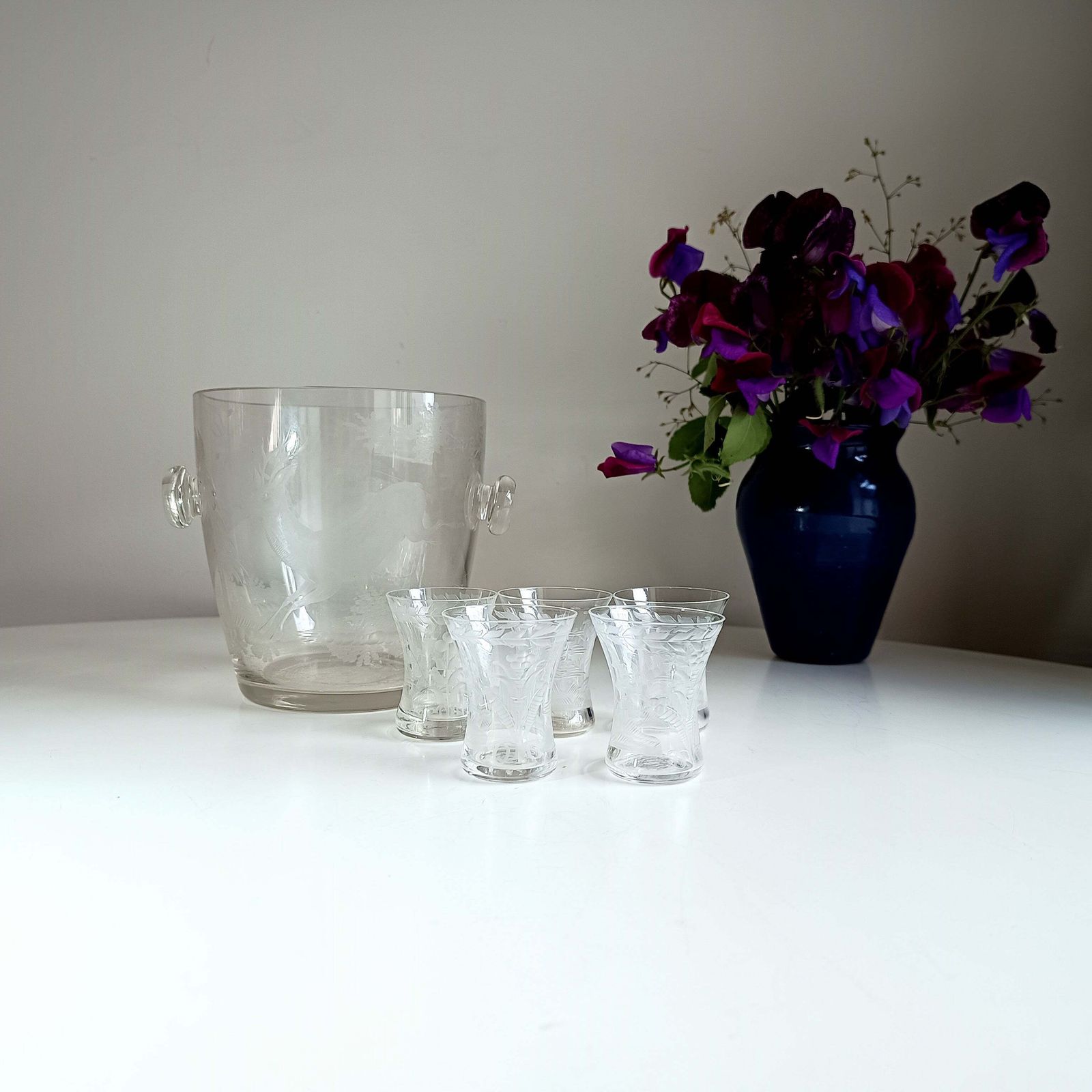 Lobmeyr Style Vintage Ice Bucket And Engraved Spirit Glasses – Early 20th Century Austrian Barware Set