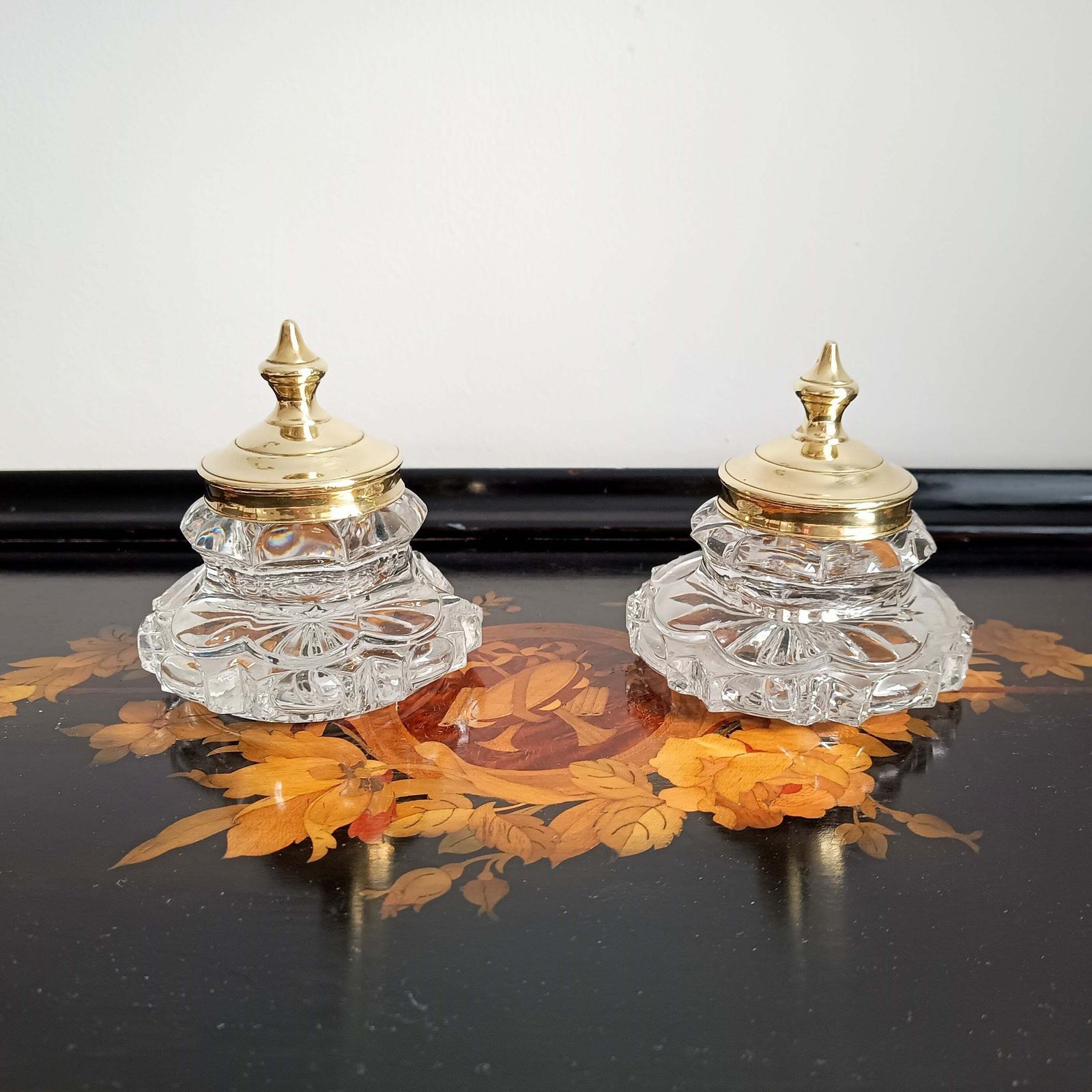Pair Of Antique Russian Pressed Cut Glass Inkwells “Maltsov” | Goose Crystalni Factory | Circa Late 19th Century