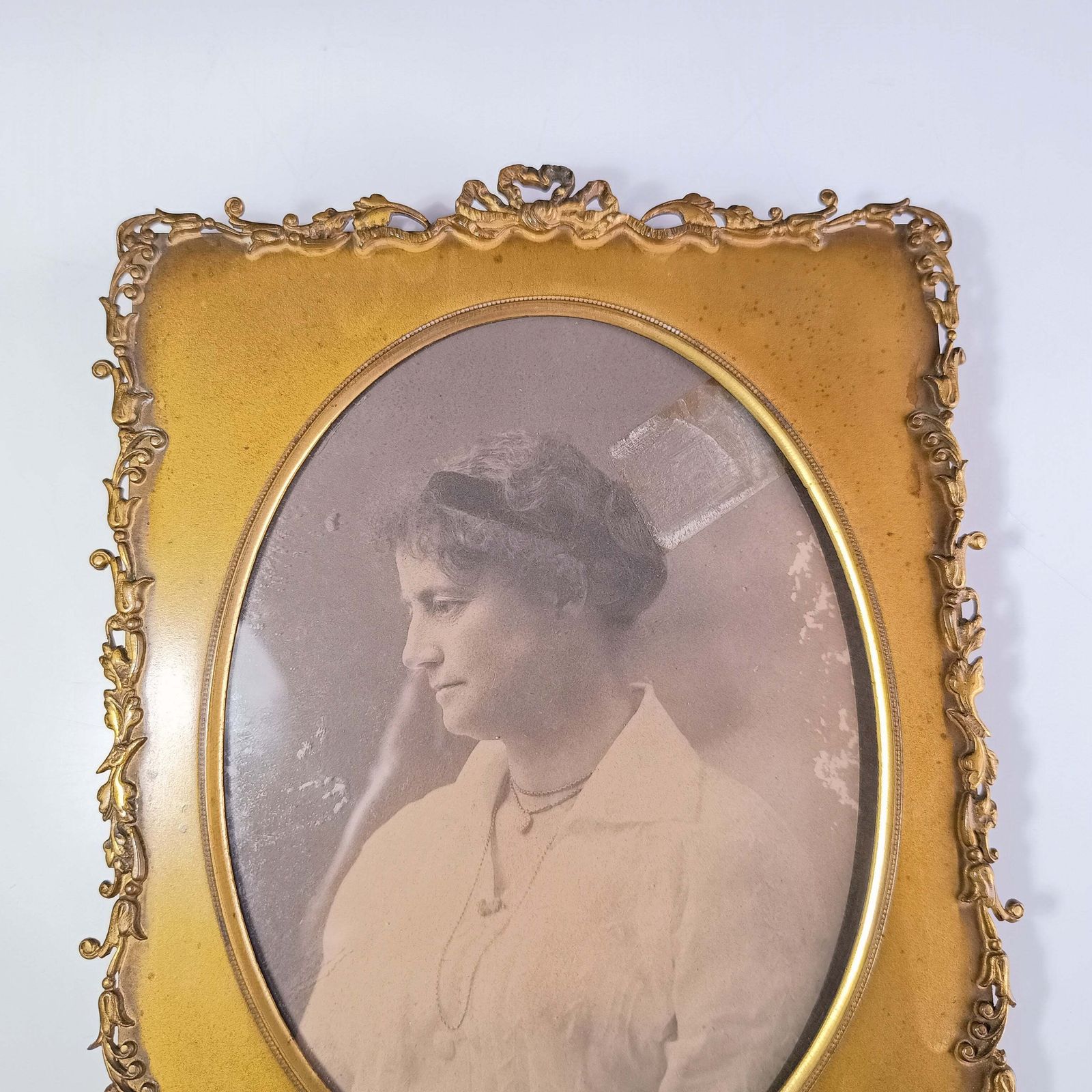 Antique French Gilt Brass Picture Frame With 1900 Photographic Portrait Of An Edwardian Lady – Velvet Back And Dore Bronze Easel Stand photo vintage