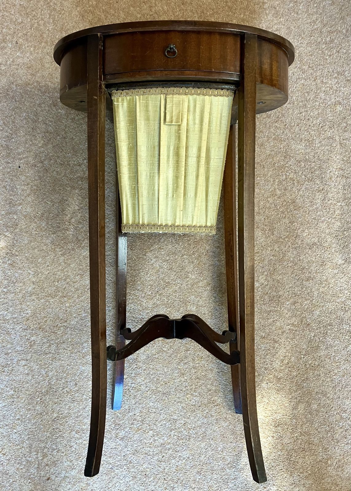 Elegant Side Table, Probably Originally Made For Sewing/Embroidery. In Mahogany And Silk. photo for sale