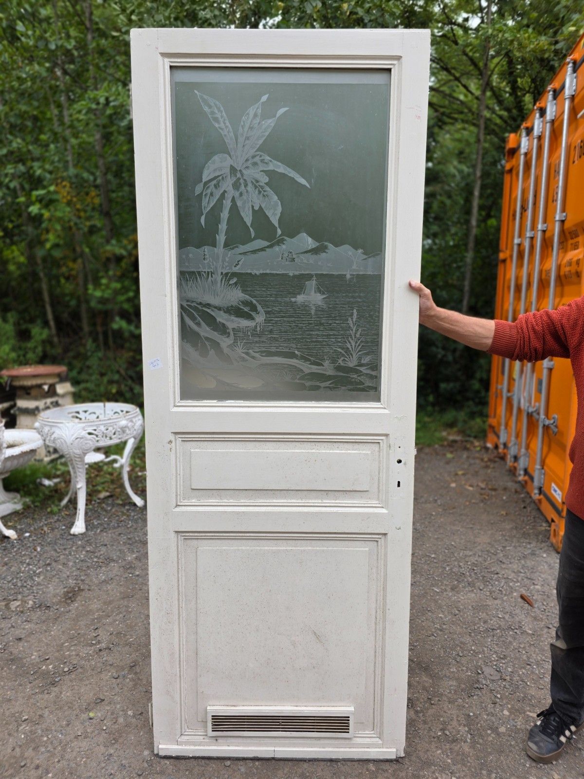 Antique Internal Etched Glass Door With Mediterranean Scene photo furniture