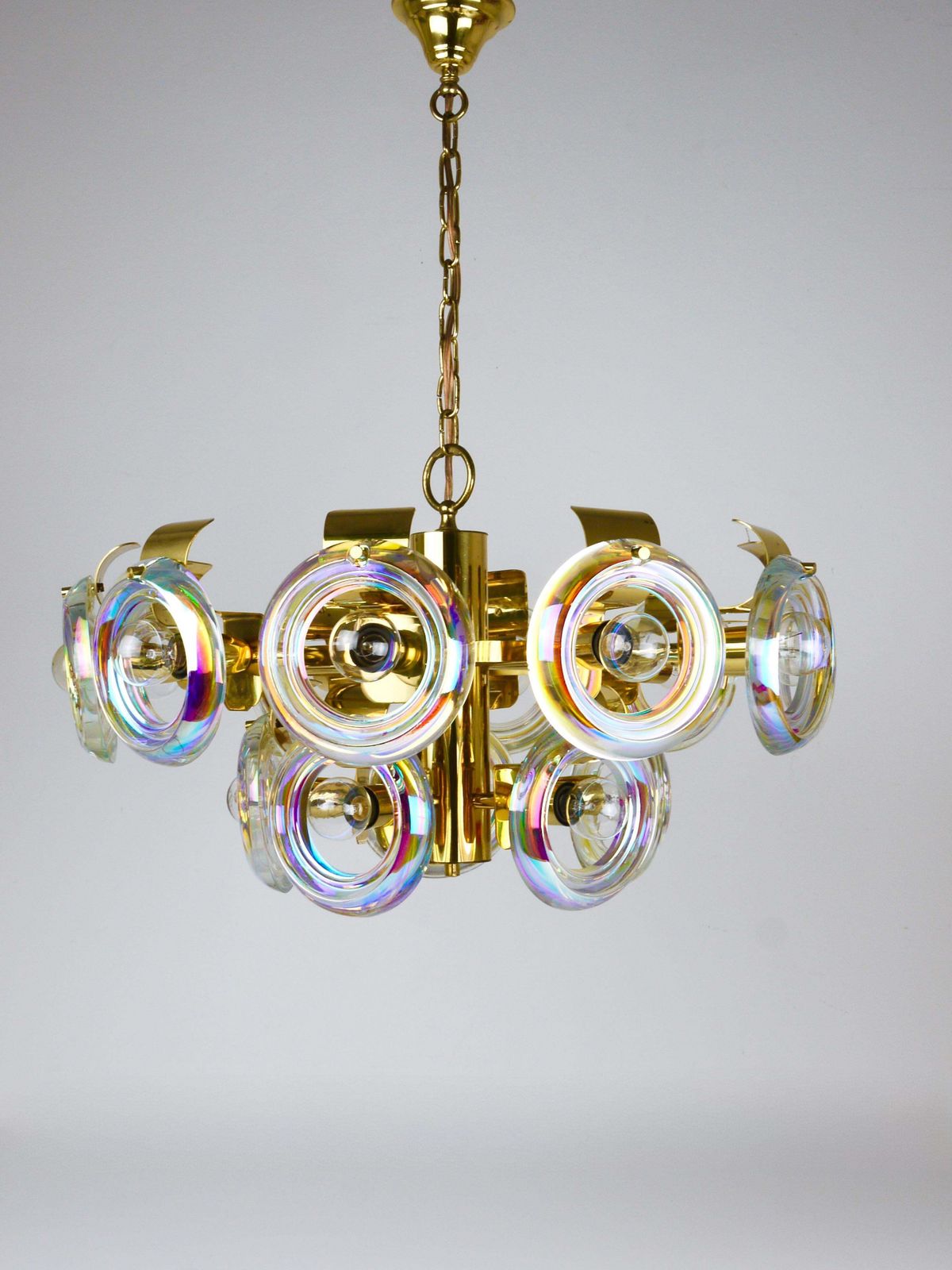 Oscar Torlasco Large Brass Chandelier, Optical Rainbow Glass Rings, Italy, 1970s photo 4467.0