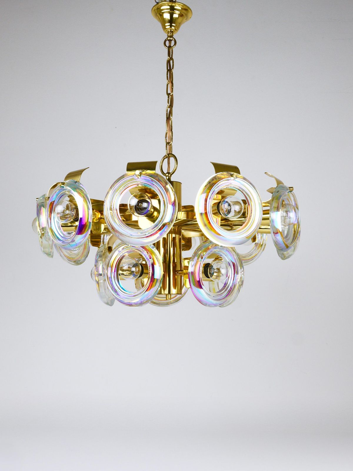 Oscar Torlasco Large Brass Chandelier, Optical Rainbow Glass Rings, Italy, 1970s photo buy