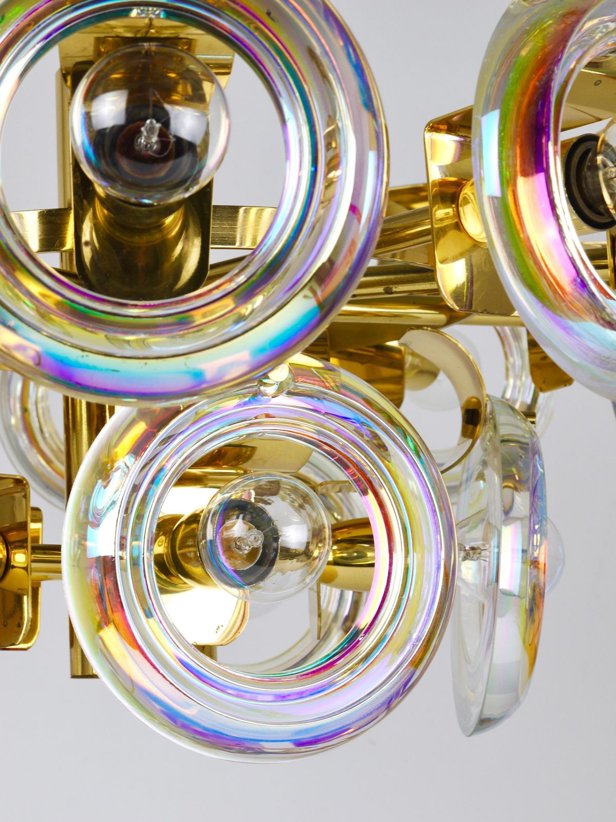 4467.0 Oscar Torlasco Large Brass Chandelier, Optical Rainbow Glass Rings, Italy, 1970s photo