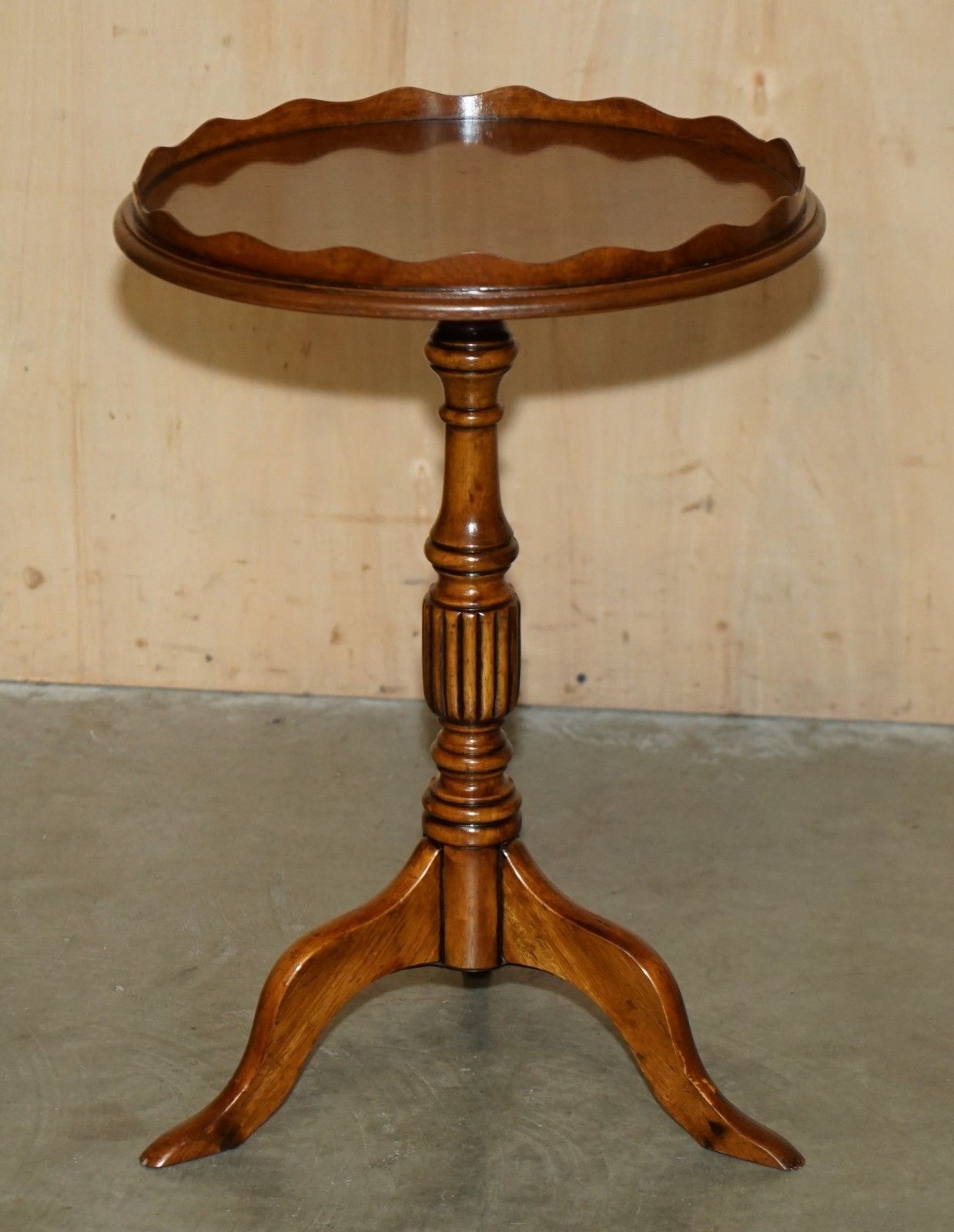 Pair Of Vintage Burr Walnut With Gallery Rails Side End Lamp Wine Tripod Tables photo for sale