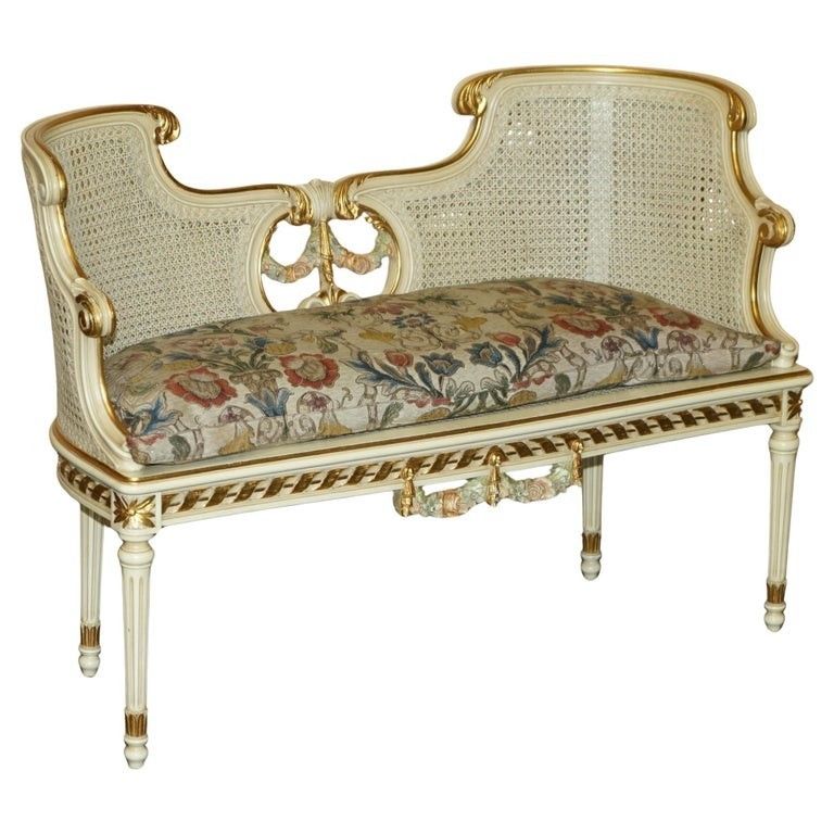 Antique Gold & Silver Leaf Embroidered French Louis Bergere Window Seat Bench