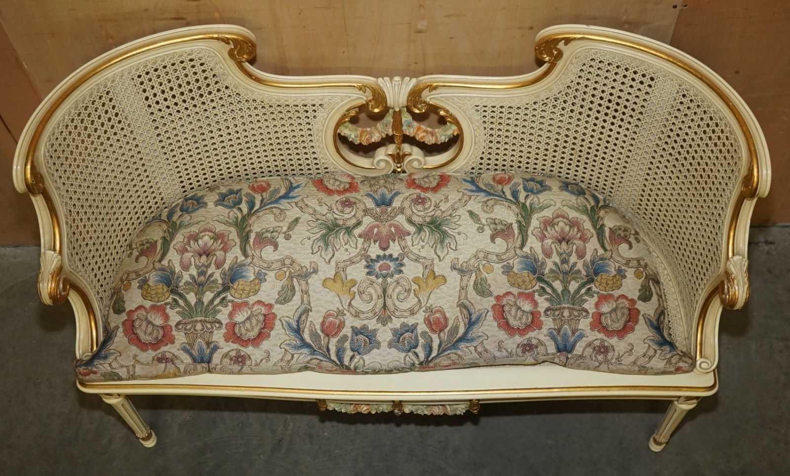Antique Gold & Silver Leaf Embroidered French Louis Bergere Window Seat Bench photo Furniture