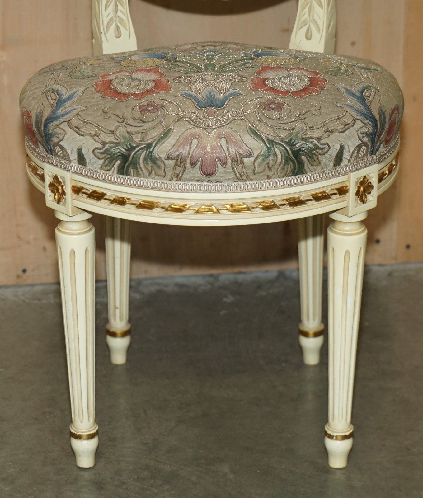 photo furniture Four Stunning Antique Gold & Silver Leaf Embroidered French Louis Dining Chairs