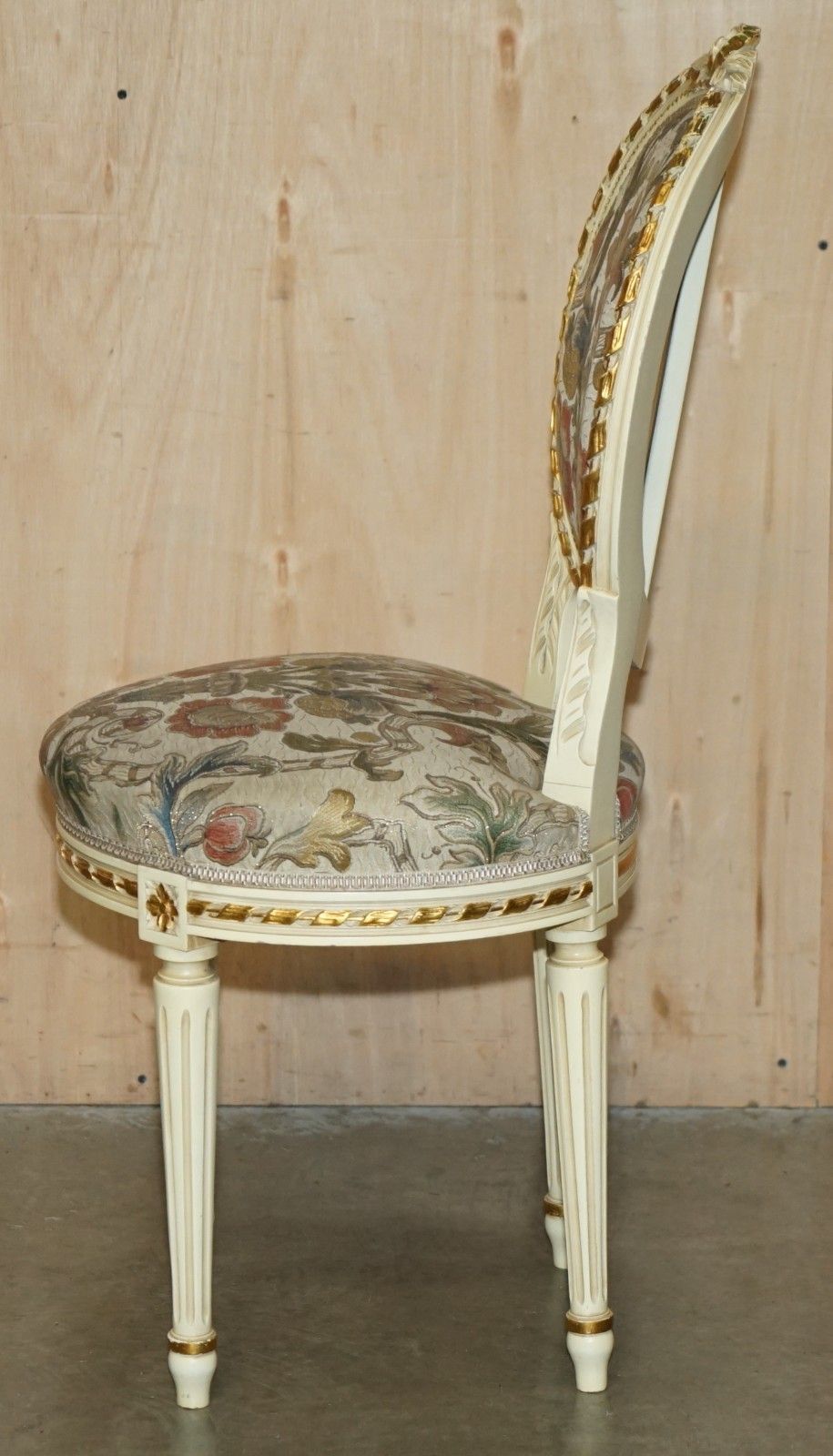 photo vinterior Four Stunning Antique Gold & Silver Leaf Embroidered French Louis Dining Chairs