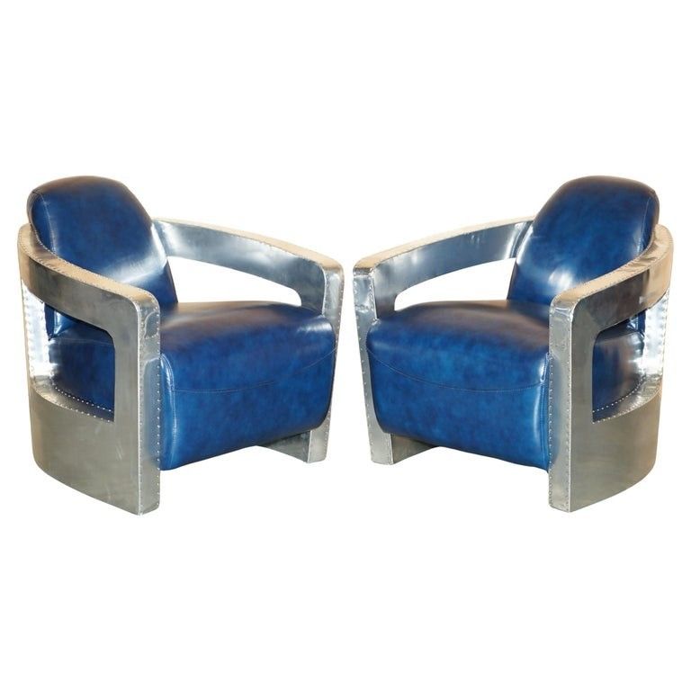 Fine Pair Of Napoleonic Blue Leather Polished Aluminium Aviator Rocket Armchairs