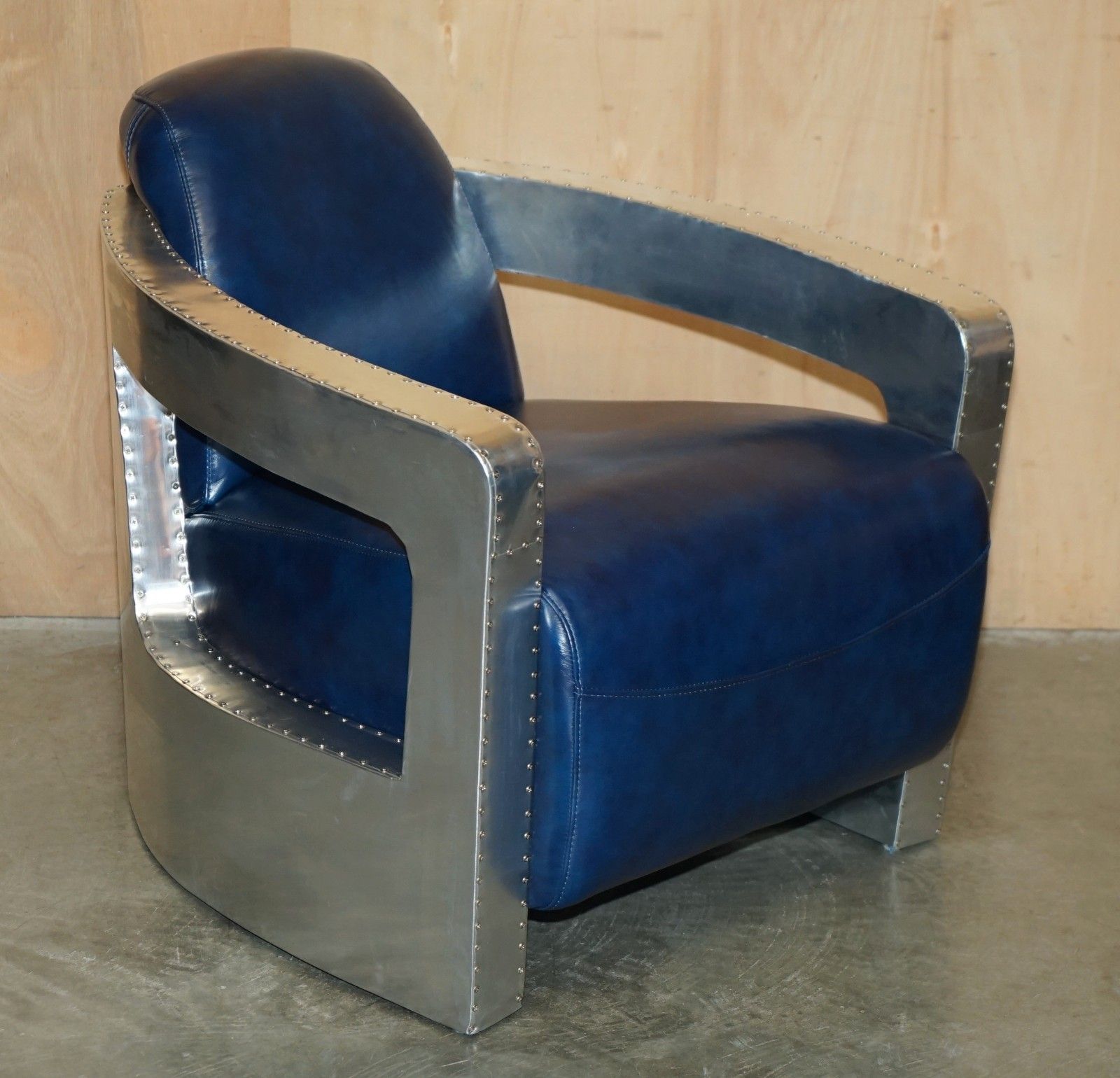 Fine Pair Of Napoleonic Blue Leather Polished Aluminium Aviator Rocket Armchairs photo for sale