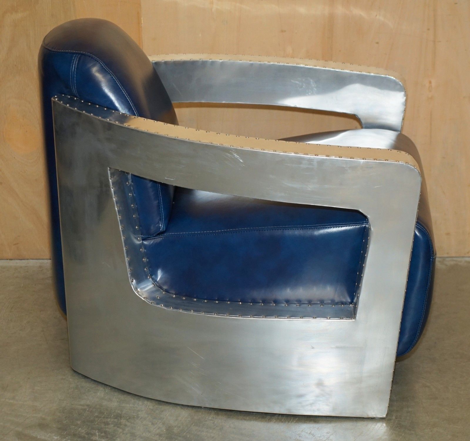 Furniture Fine Pair Of Napoleonic Blue Leather Polished Aluminium Aviator Rocket Armchairs photo