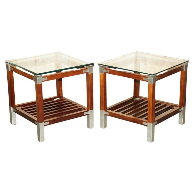 Pair Of Vintage Pierre Vandel Paris Mahogany Pewter & Glass Side Lamp End Tables