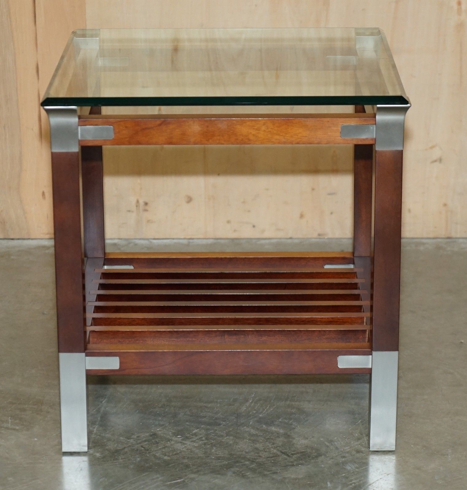 Pair Of Vintage Pierre Vandel Paris Mahogany Pewter & Glass Side Lamp End Tables photo Furniture