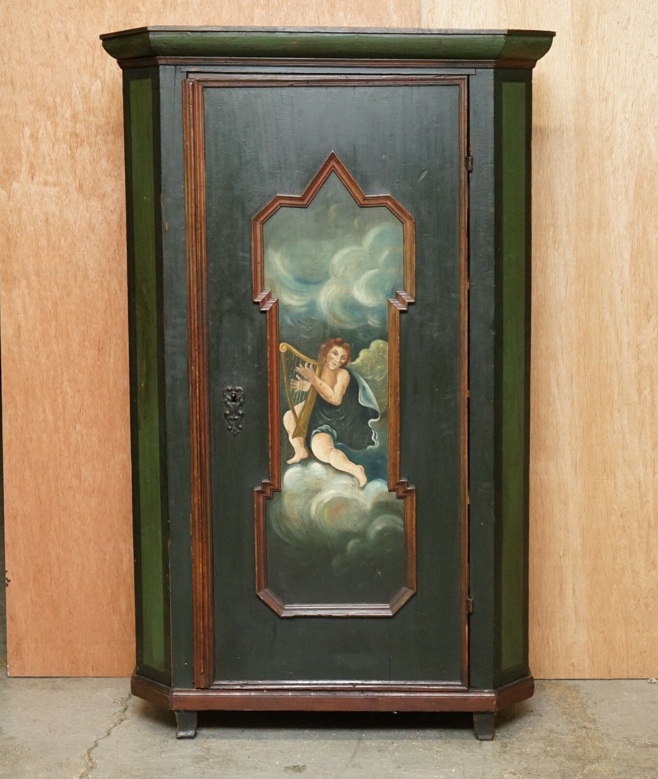 Circa 1800 Hand Painted Green Swedish Hall Or Pot Cupboard Wardrobe Musical Deco photo furniture