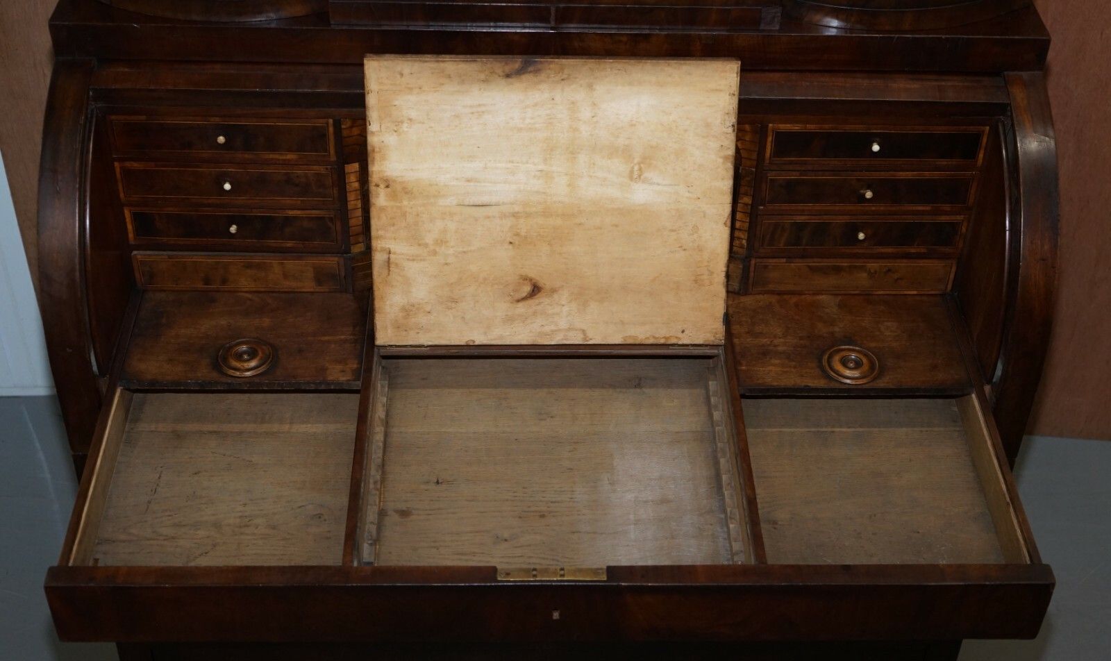 Furniture Very Rare Italian Mahogany Cyclinder Bureau Bookcase Desk With Must See Pictures photo
