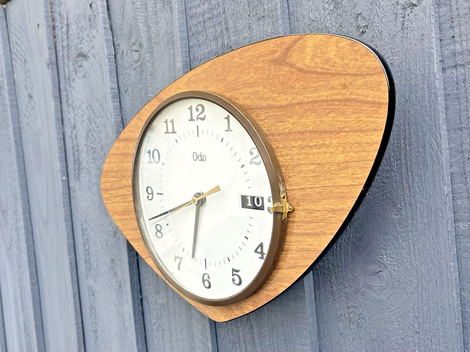 Mid Century Modern 60's Odo Faux Teak Wood Wall Clock Perpetual Calendar Vintage photo for sale