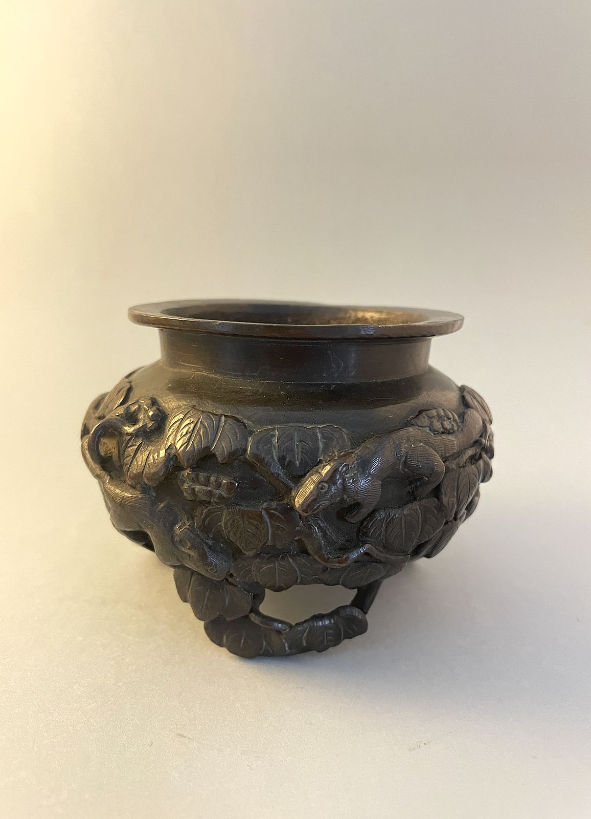 Antique Chinese Bronze Censer On Three Feet Adorned With Animals & Foliage photo buy