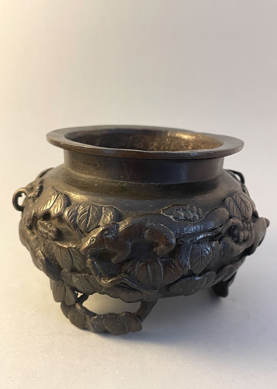 Antique Chinese Bronze Censer On Three Feet Adorned With Animals & Foliage