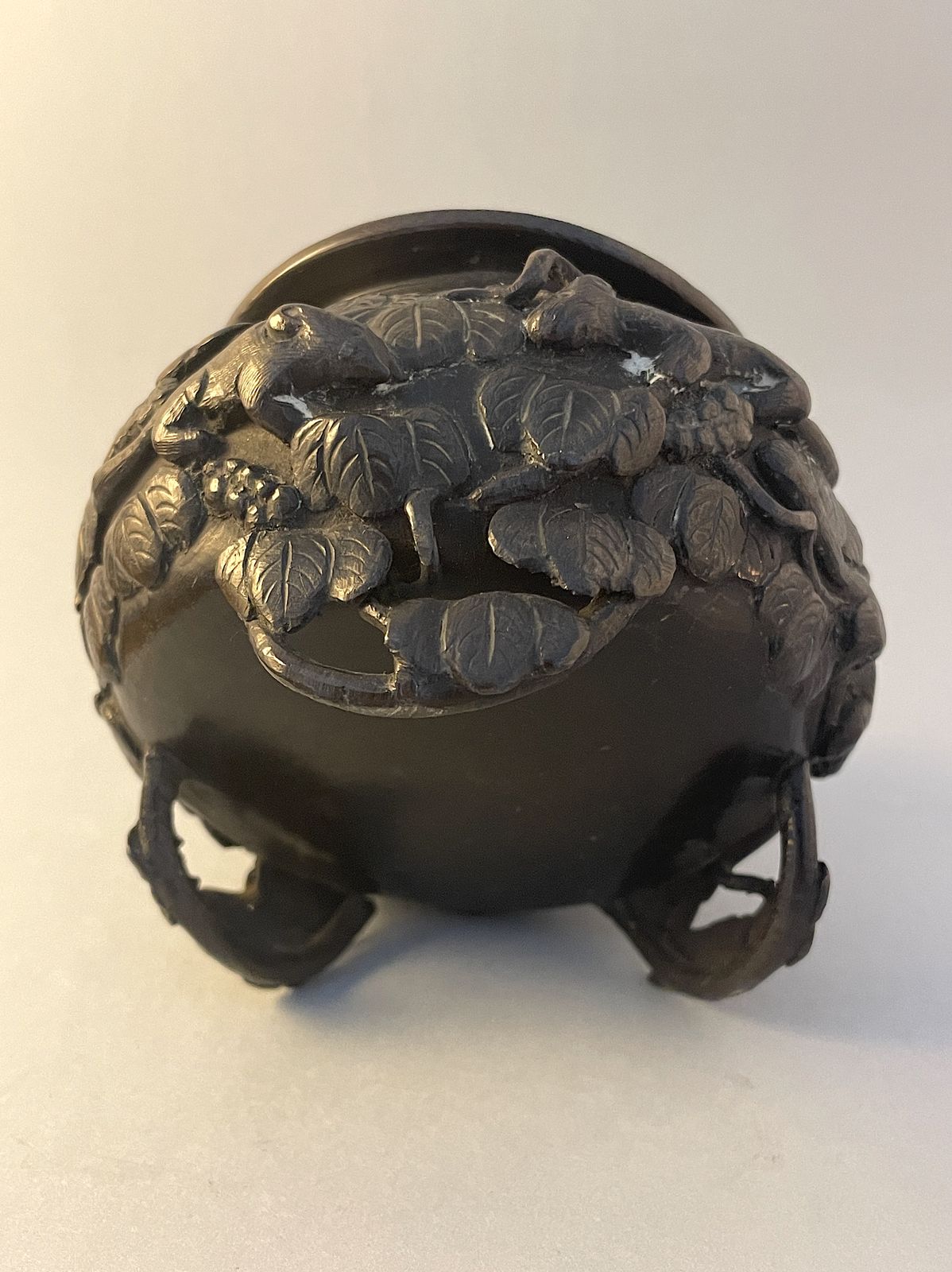 Antique Chinese Bronze Censer On Three Feet Adorned With Animals & Foliage photo Home Decor