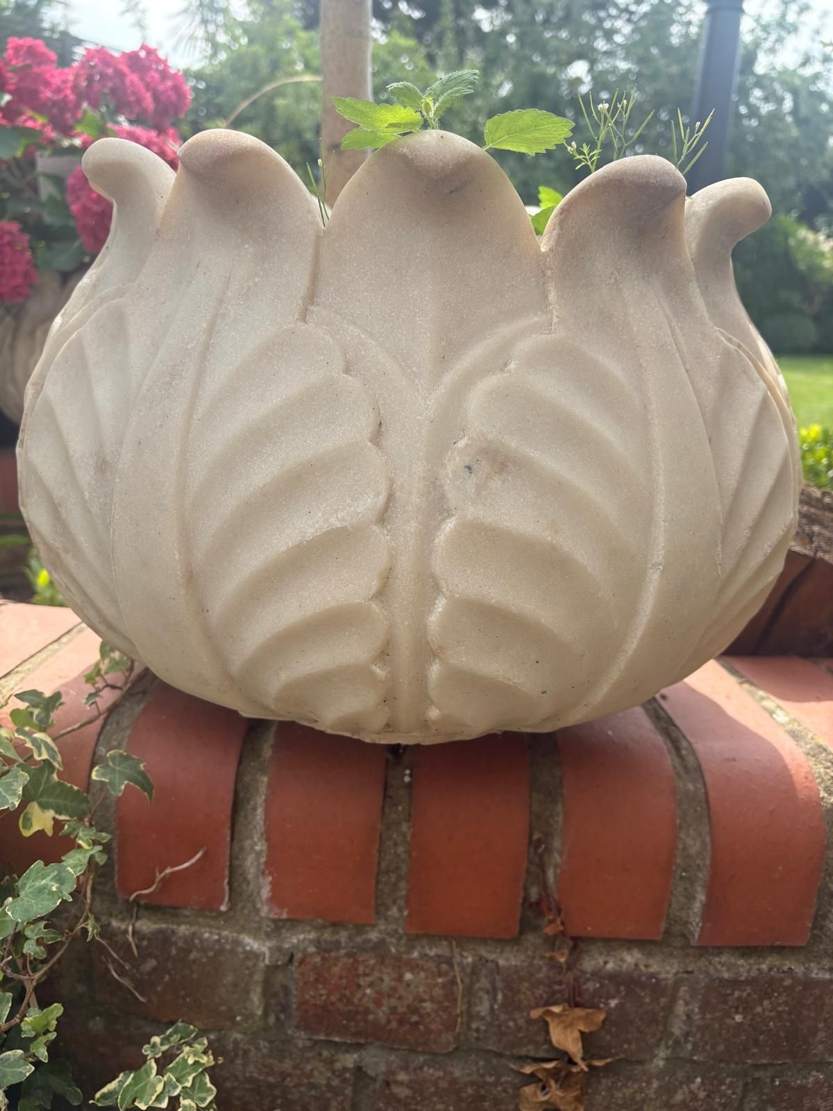 Variety 20th Century Hand Carved  Marble Planters Leaf Pattern, Scalloped / Round Top