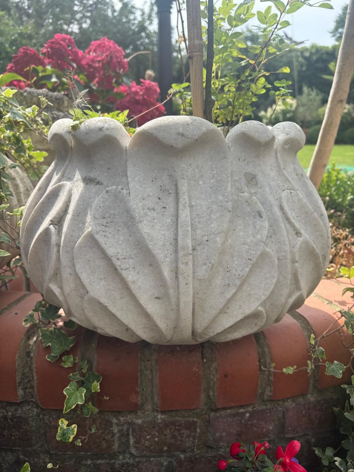 Variety 20th Century Hand Carved  Marble Planters Leaf Pattern, Scalloped / Round Top photo Garden Decor
