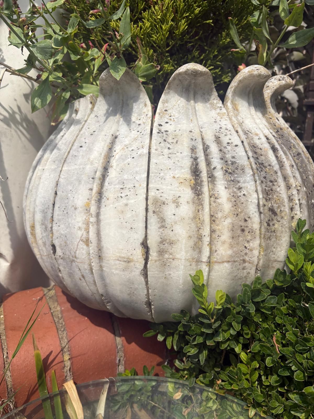 photo vinterior Variety 20th Century Hand Carved  Marble Planters Leaf Pattern, Scalloped / Round Top