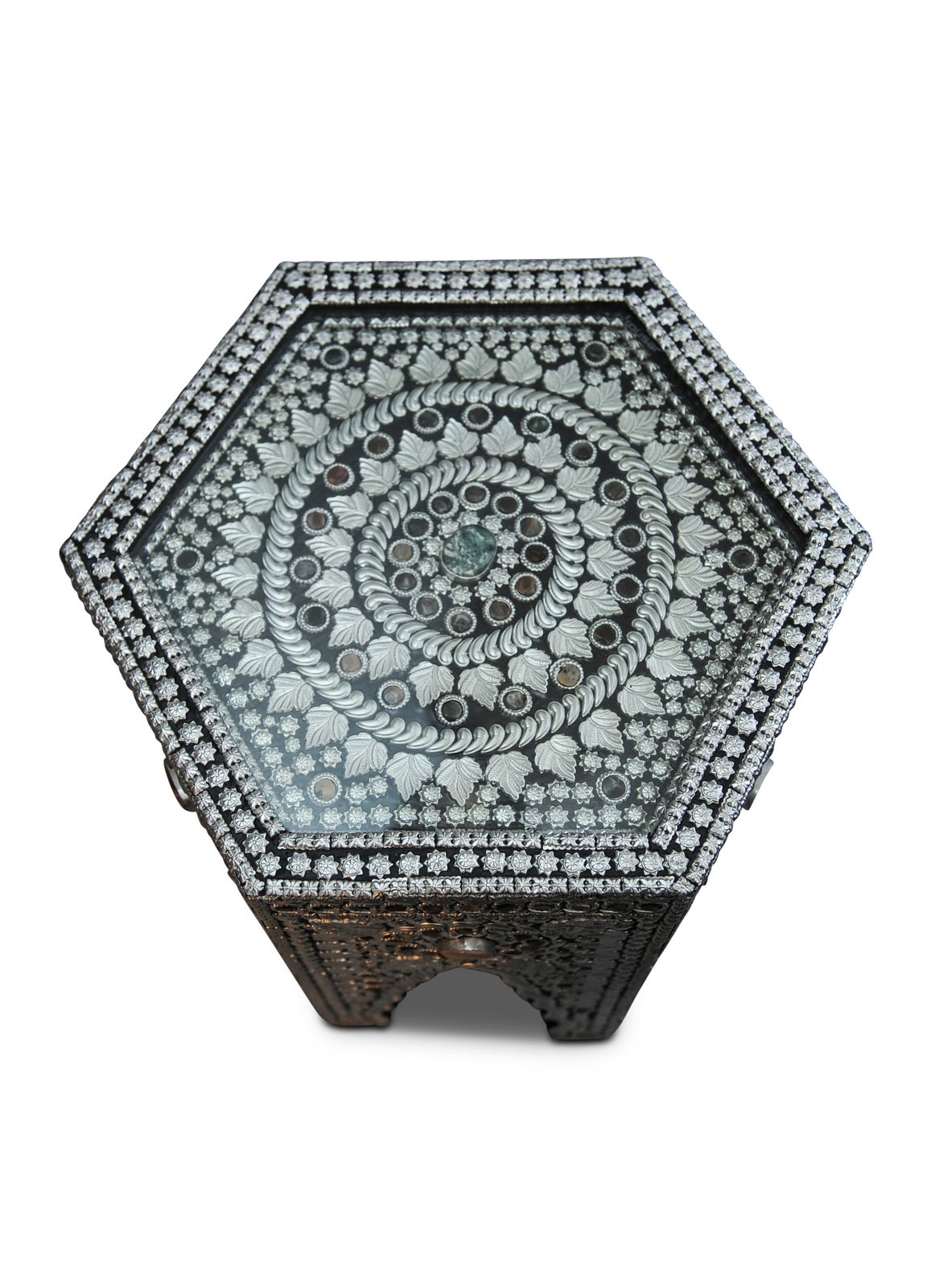 Pietra Dura Handcrafted Decorative Hexagonal Glazed Coffee Table Mounted With Semi Precious Stones From Asia photo vintage