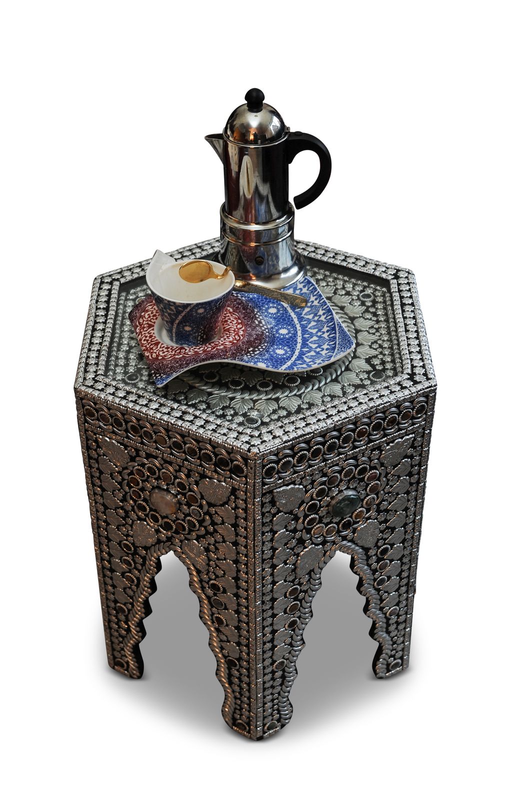 Pietra Dura Handcrafted Decorative Hexagonal Glazed Coffee Table Mounted With Semi Precious Stones From Asia