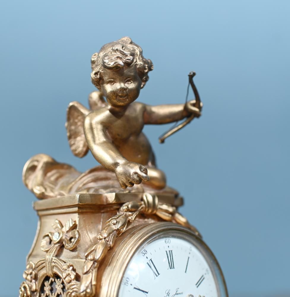 1250.0 English Gilt Mantel Clock Cherub St James London 1880 photo