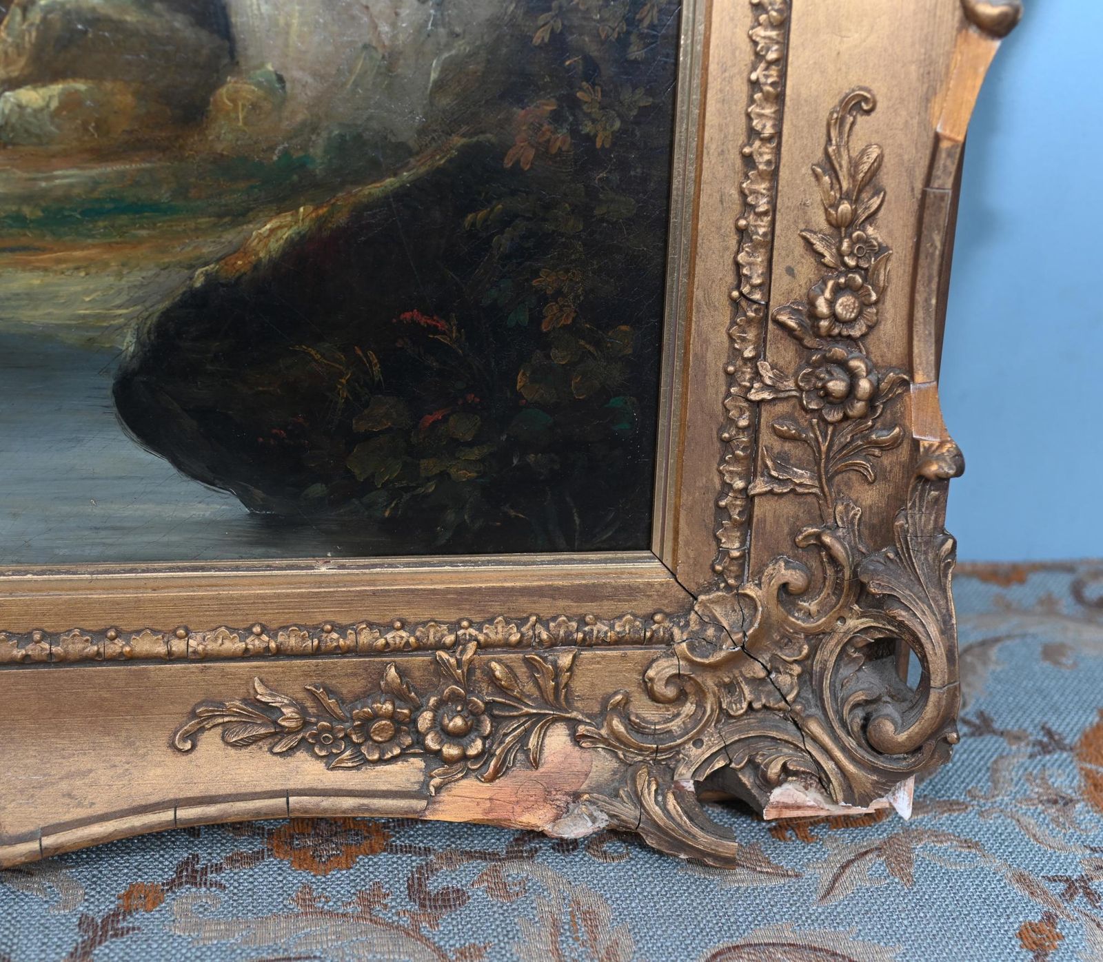 Antique French Oil Painting River Scape Art Chateau 1860 photo furniture