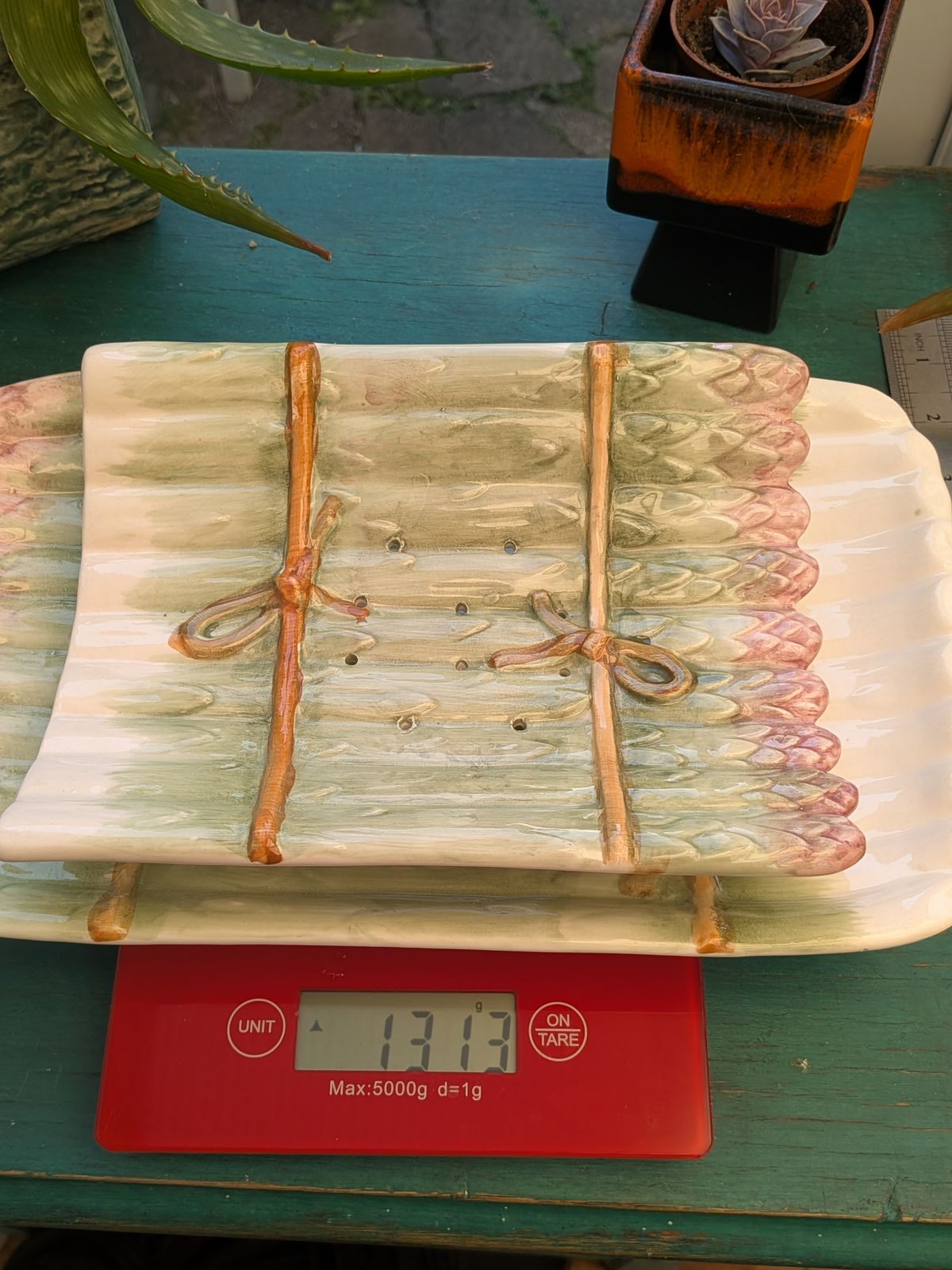 Vintage French Hand Painted Majolica Asparagus Cradle With Serving Plate 1313g photo 75.0