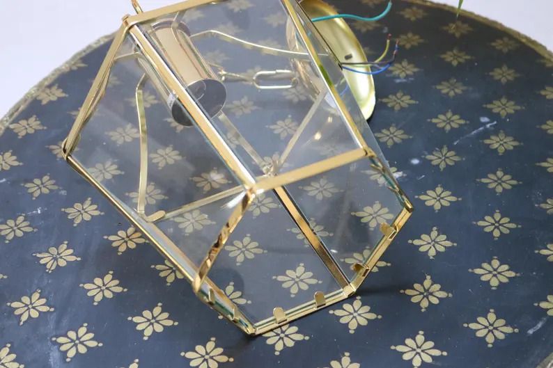 Gold Metal And Glass Ceiling Lantern Light Fitting photo vintage