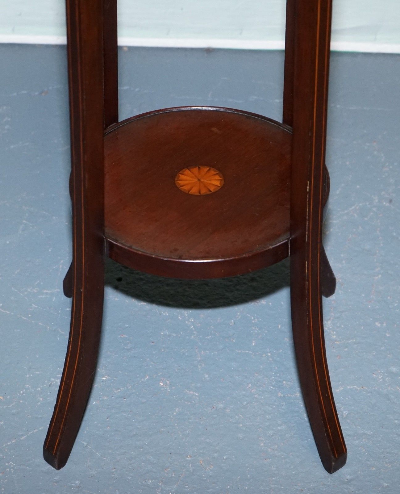 Antique Hardwood Two Tier Plant Stand With Starburst Marquetry Inlay photo vinterior