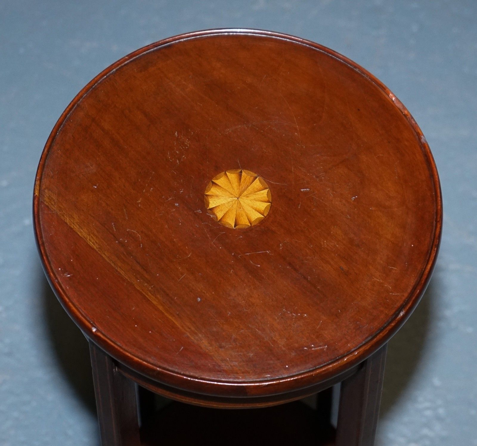 photo furniture Antique Hardwood Two Tier Plant Stand With Starburst Marquetry Inlay