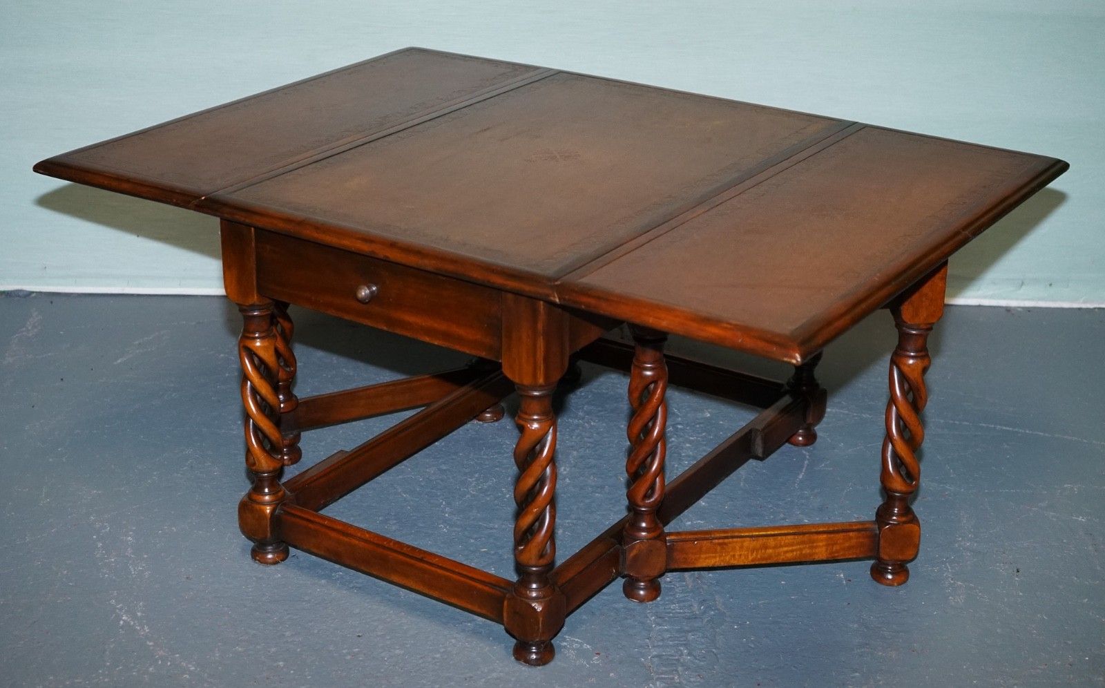 Elegant Theodore Alexander Drop Leaf Barley Twist Table With Leather Top photo for sale