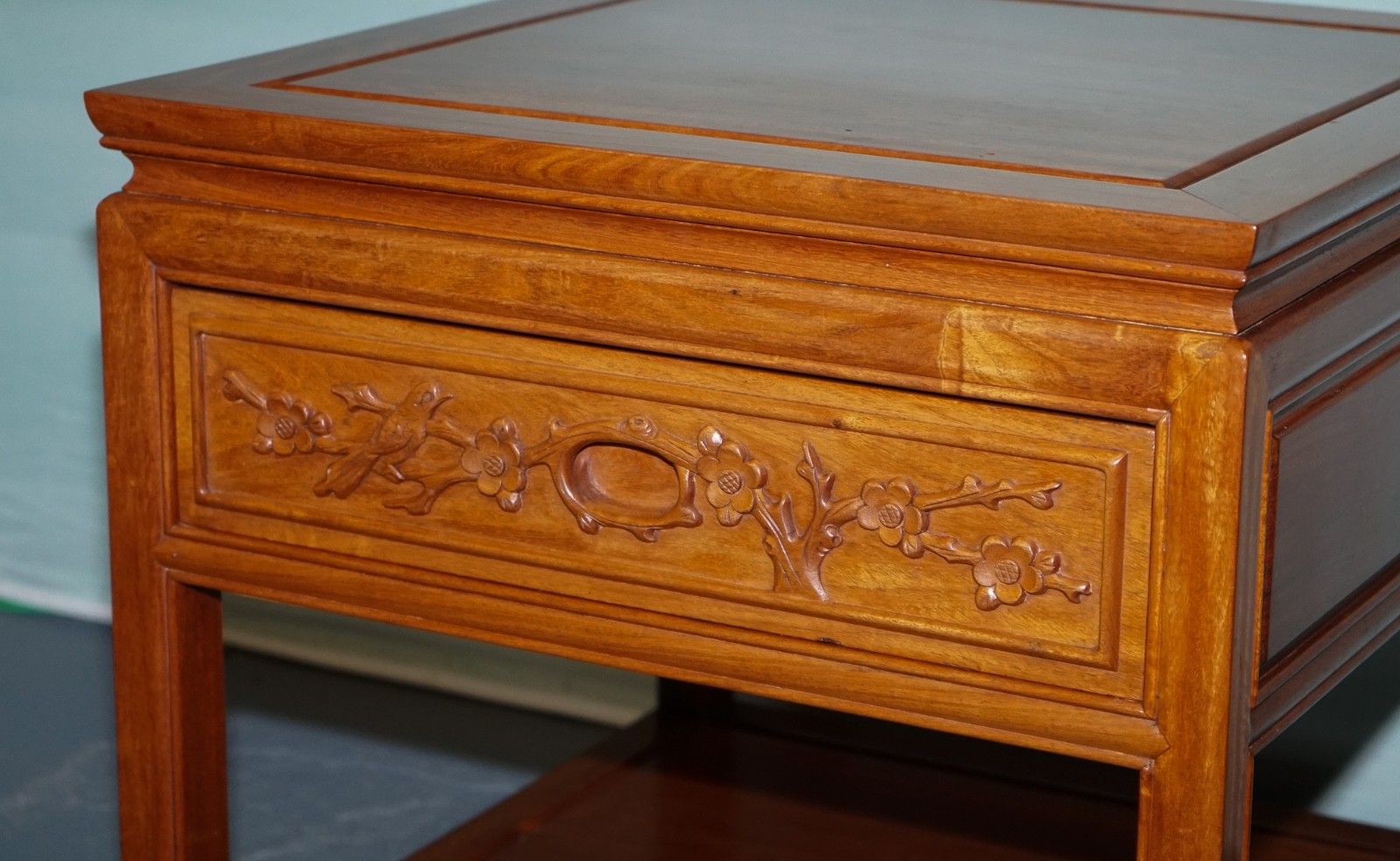 Oriental Chinese Vintage Teak Nightstand Bedside Table With Drawer photo vinterior