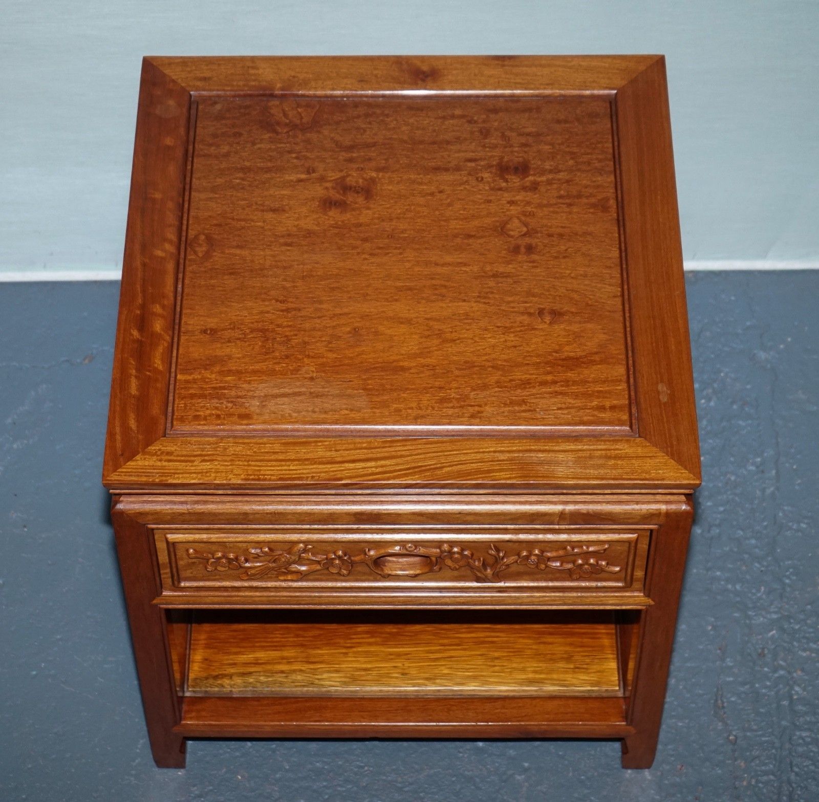 Oriental Chinese Vintage Teak Nightstand Bedside Table With Drawer photo vintage