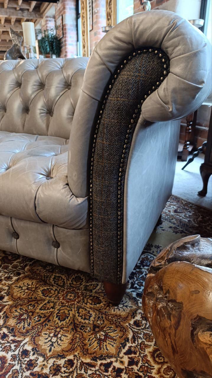 Vintage Grey Leather Chesterfield Style Sofa With Deep Button Tufting photo for sale
