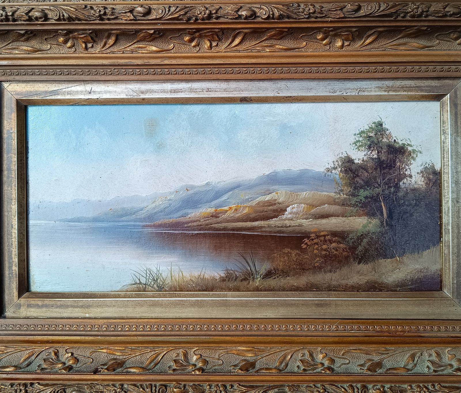 Framed Oil On Board Misty Riverside Scene, Scottish School, Art Nouveau Frame 1906 photo furniture
