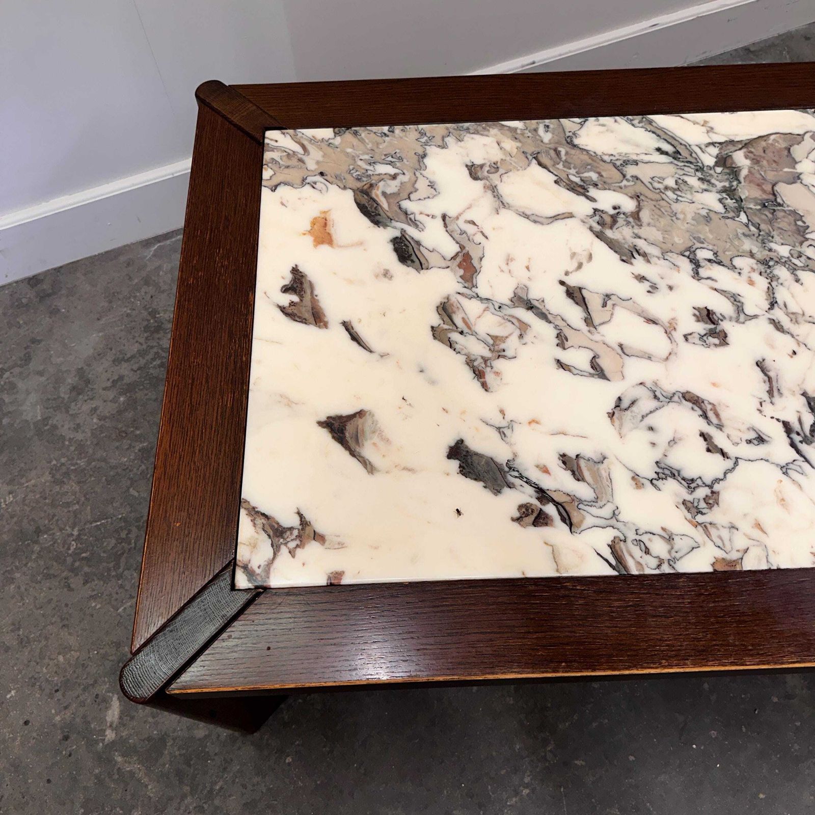 Large 1970s Belgian Oak Coffee Table With Breccia Marble Top – Signed And Dated 1976 photo for sale
